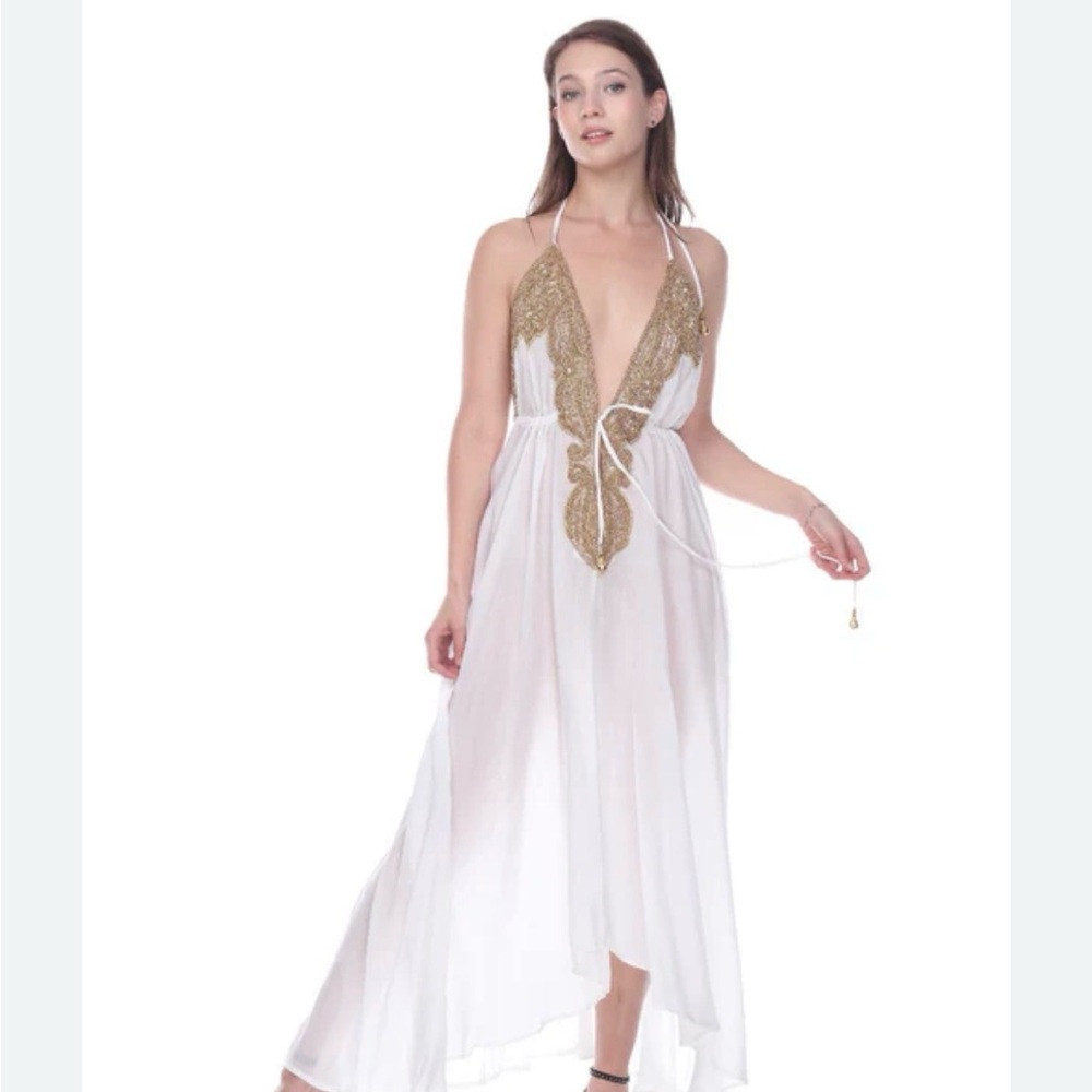 Manish Vaid Elegant White and Gold Midi Dress